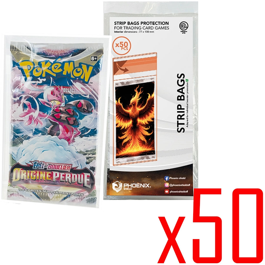 Paquet de 50 Strip Bags de la marque Phoenix Shield. Sachets de protection ultra-transparents avec fermeture pour boosters et cartes à collectionner.