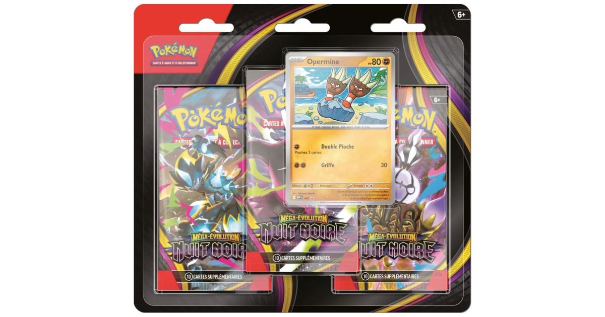 Tripack Pokémon Nuit Noire avec carte promo - JCC Pokémon
(Pour vos autres photos/visuels, vous pouvez adapter : "Gros plan carte promo Tripack Nuit Noire Pokémon", "Blister 3 boosters Nuit Noire", etc.)